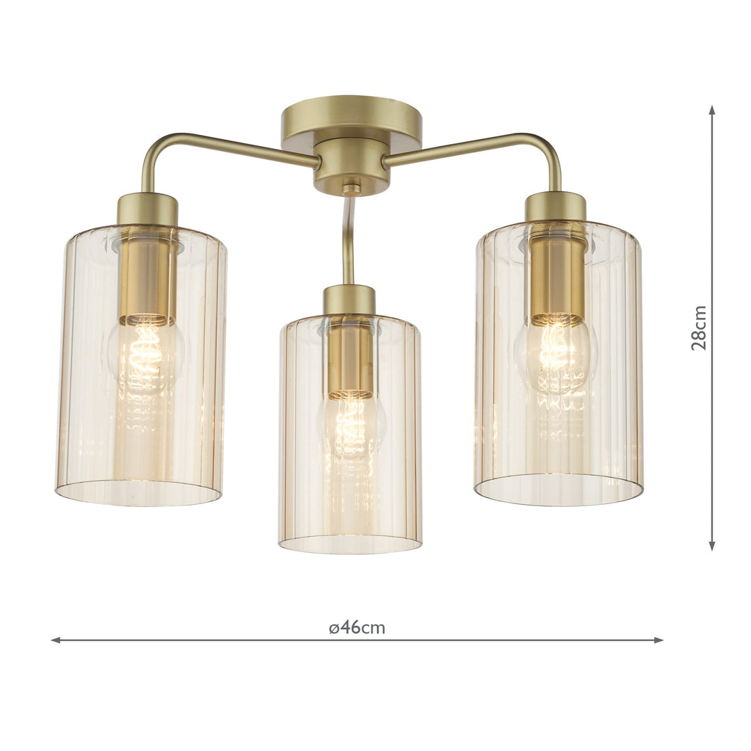 Dar DAY5335 Daylin 3 Light Semi-Flush Satin Gold and Amber Ribbed Glass