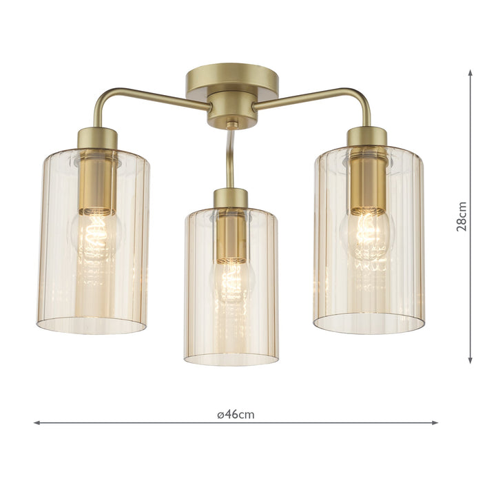 Dar DAY5335 Daylin 3 Light Semi-Flush Satin Gold and Amber Ribbed Glass