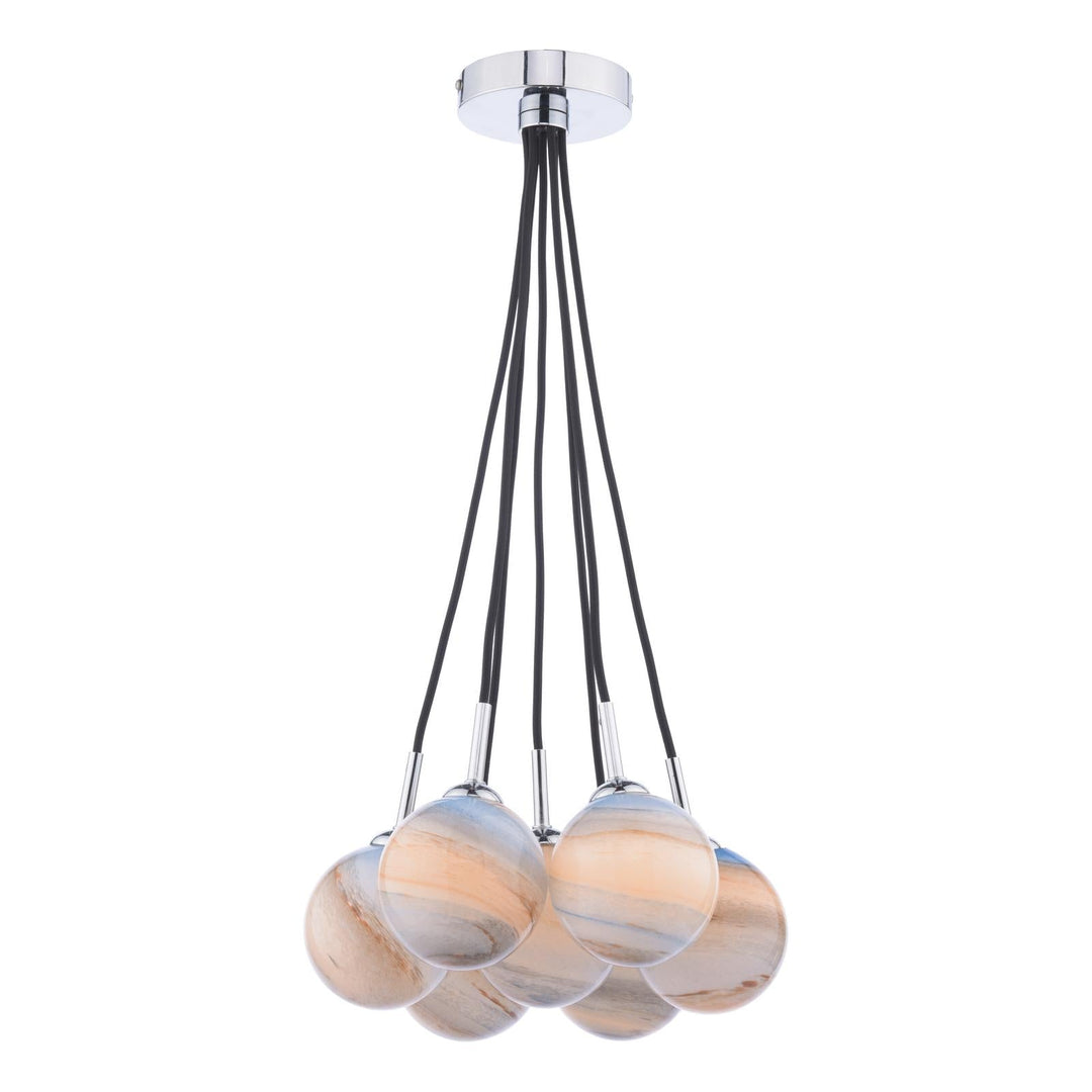 Dar ELP342-07L Elpis 7 Light Cluster Pendant Polished Chrome With Planet Style Glass