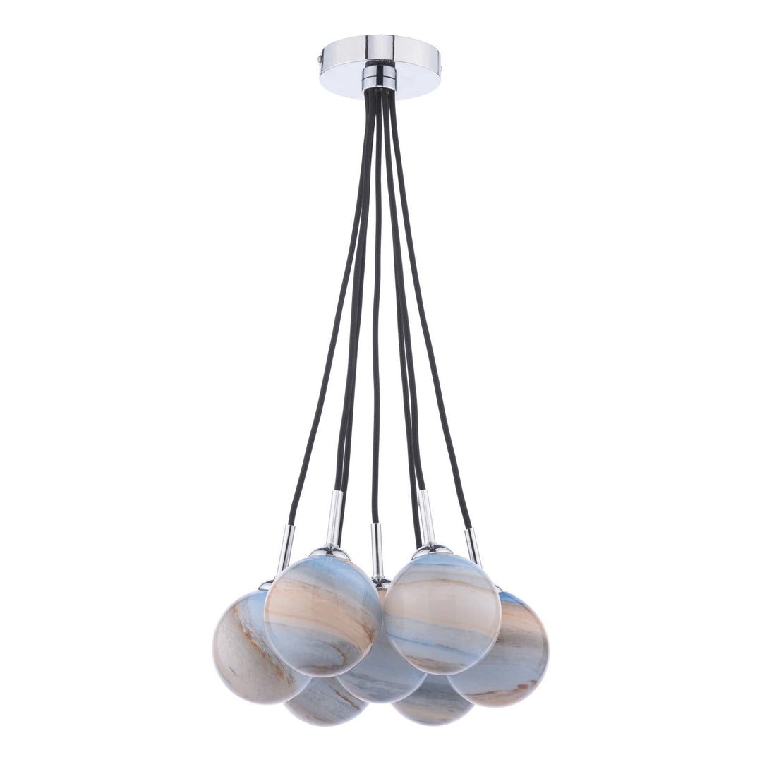 Dar ELP342-07L Elpis 7 Light Cluster Pendant Polished Chrome With Planet Style Glass