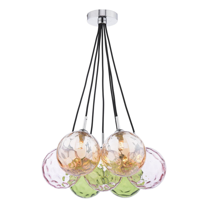 Dar ELP342-MIX Elpis 7 Light Cluster Pendant Polished Chrome and Multi Coloured Glass