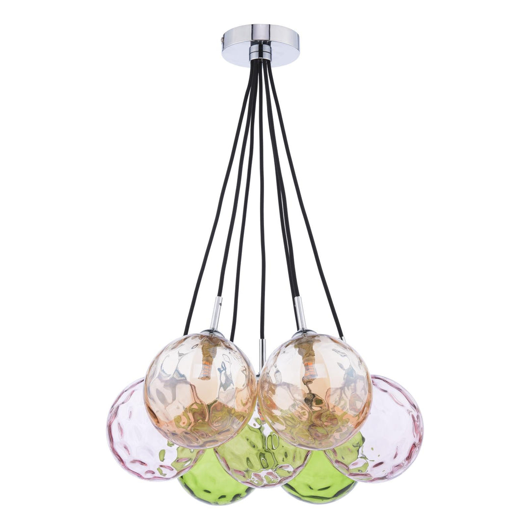 Dar ELP342-MIX Elpis 7 Light Cluster Pendant Polished Chrome and Multi Coloured Glass