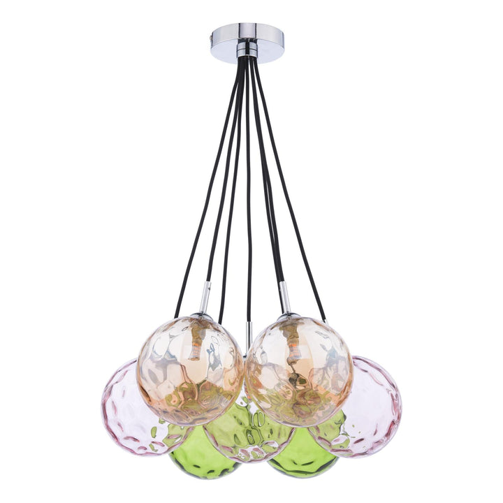 Dar ELP342-MIX Elpis 7 Light Cluster Pendant Polished Chrome and Multi Coloured Glass