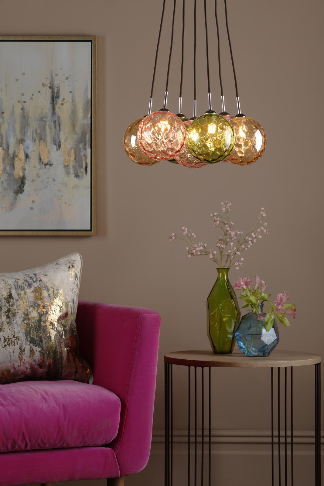 Dar ELP342-MIX Elpis 7 Light Cluster Pendant Polished Chrome and Multi Coloured Glass