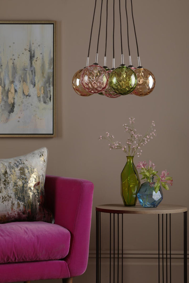 Dar ELP342-MIX Elpis 7 Light Cluster Pendant Polished Chrome and Multi Coloured Glass