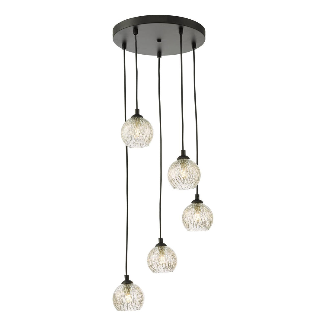 Dar FED0522-09 Federico 5 Light Cluster Pendant Matt Black With Clear/Wire Glass
