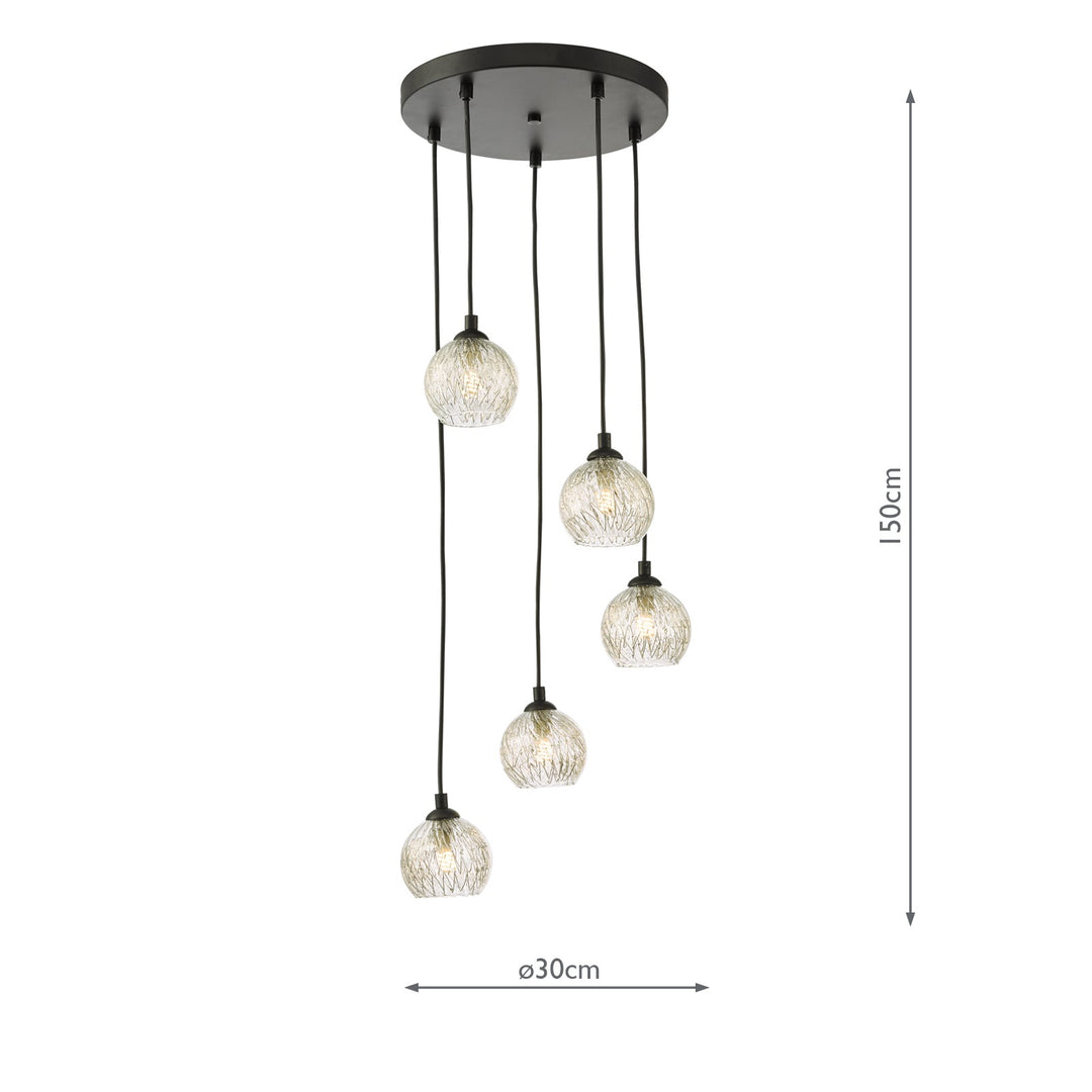 Dar FED0522-09 Federico 5 Light Cluster Pendant Matt Black With Clear/Wire Glass