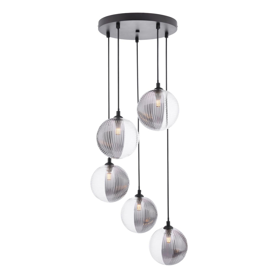 Dar FED0522-19 Federico 5 Light Cluster Pendant Matt Black With Smoked/Clear Ribbed Glass