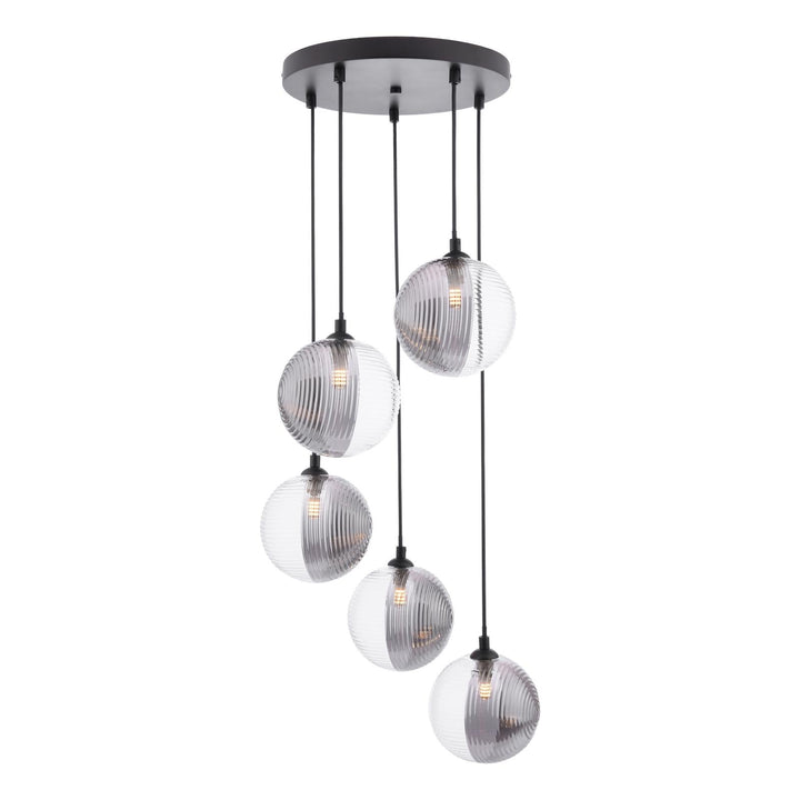 Dar FED0522-19 Federico 5 Light Cluster Pendant Matt Black With Smoked/Clear Ribbed Glass