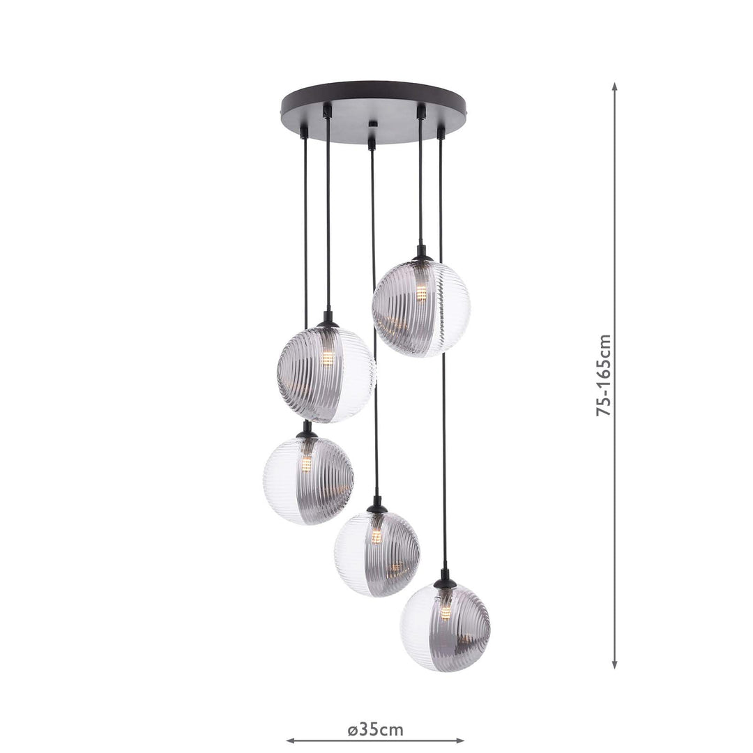 Dar FED0522-19 Federico 5 Light Cluster Pendant Matt Black With Smoked/Clear Ribbed Glass