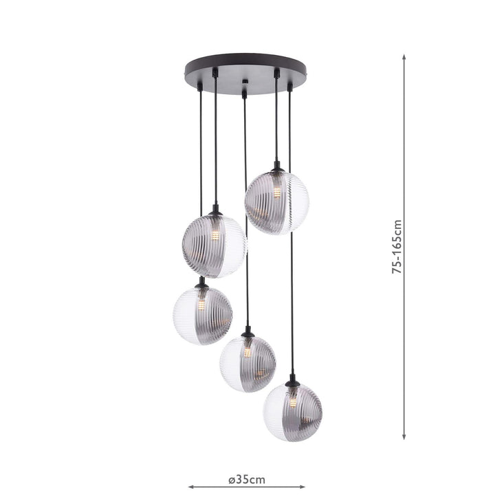 Dar FED0522-19 Federico 5 Light Cluster Pendant Matt Black With Smoked/Clear Ribbed Glass