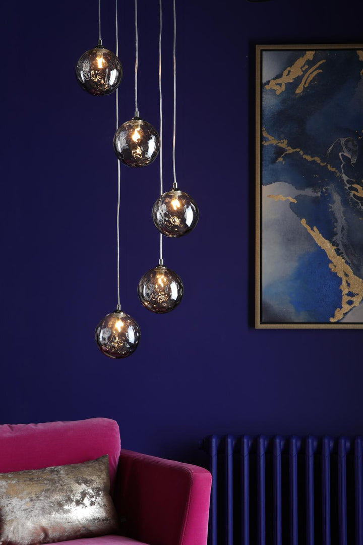 Dar FED0550-10 Federico 5 Light Cluster Pendant Polished Chrome With Smoked Dimpled Glass