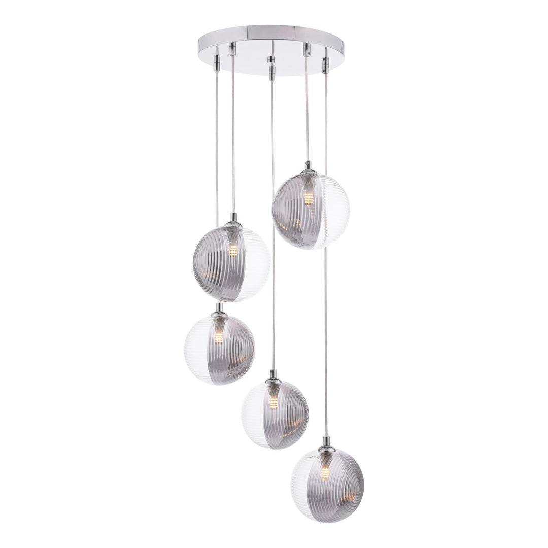 Dar FED0550-19 Federico 5 Light Cluster Pendant Polished Chrome With Smoked/Clear Ribbed Glass