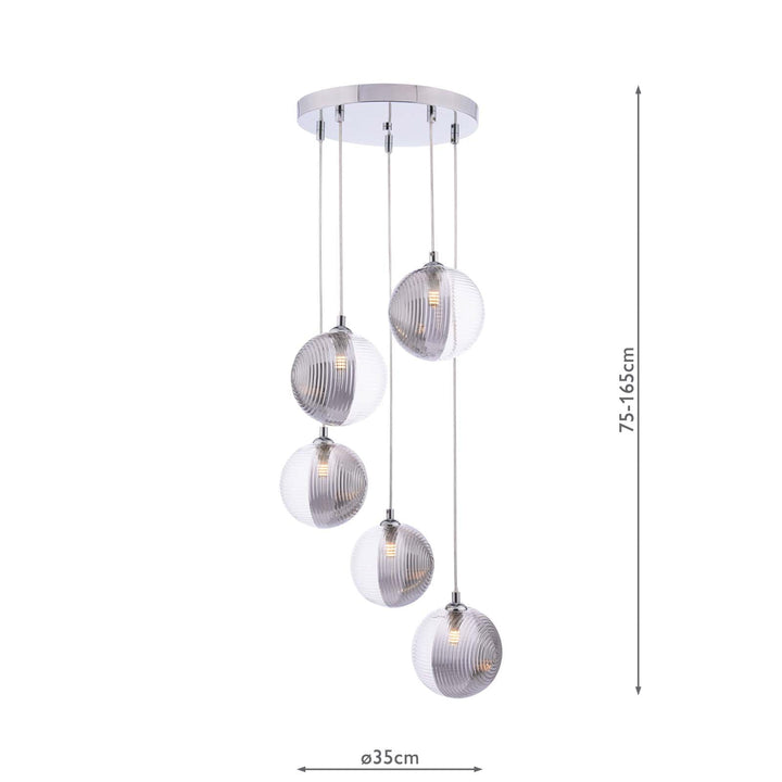 Dar FED0550-19 Federico 5 Light Cluster Pendant Polished Chrome With Smoked/Clear Ribbed Glass
