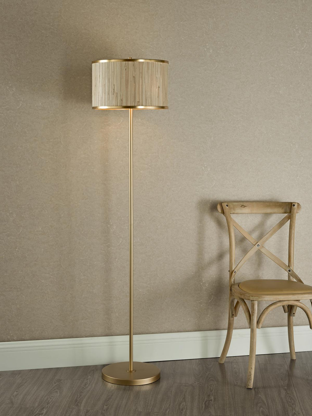 Dar FEN4935 Fenella 3 Light Floor Lamp Gold Leaf and Seagrass