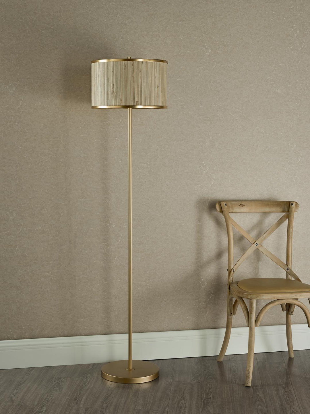 Dar FEN4935 Fenella 3 Light Floor Lamp Gold Leaf and Seagrass