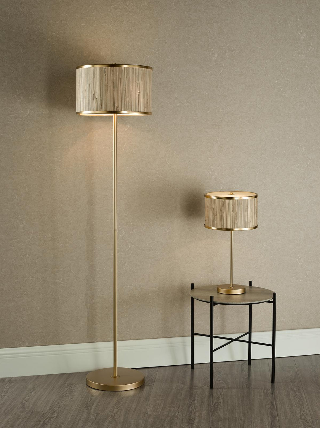 Dar FEN4935 Fenella 3 Light Floor Lamp Gold Leaf and Seagrass
