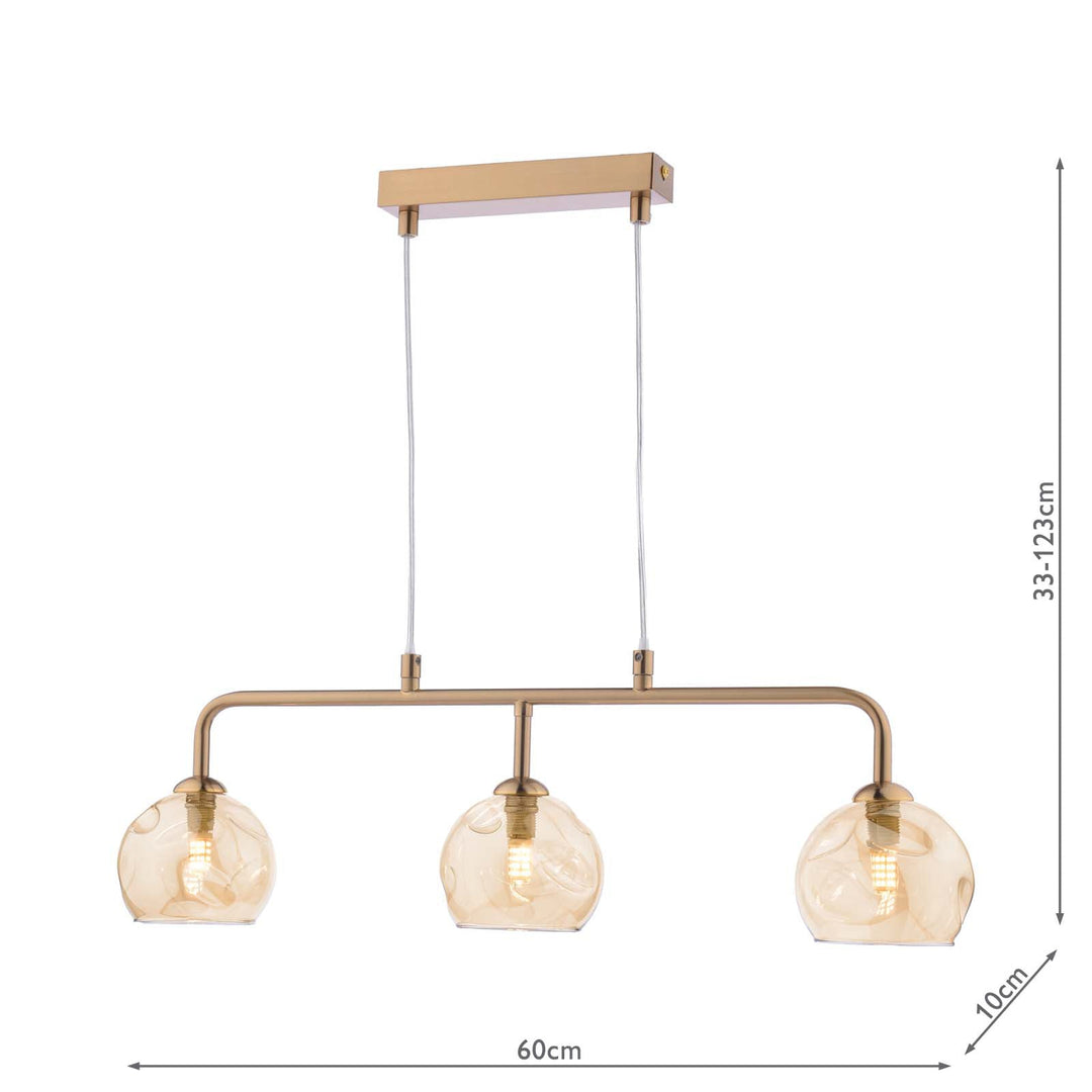 Dar FEY6263-16 Feya 3 Light Bar Pendant Antique Bronze With Organic Amber Glass