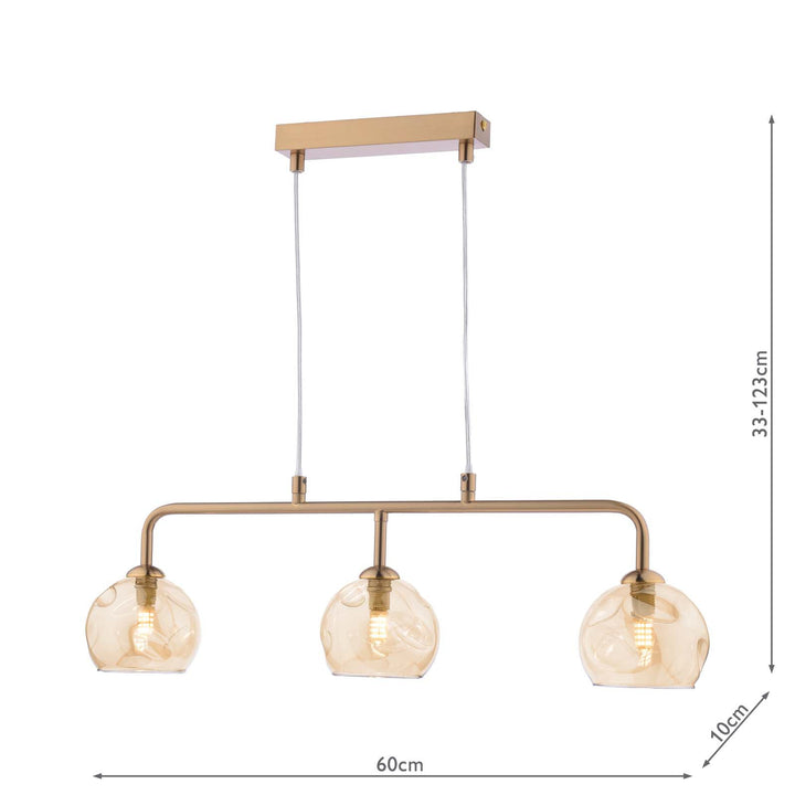 Dar FEY6263-16 Feya 3 Light Bar Pendant Antique Bronze With Organic Amber Glass