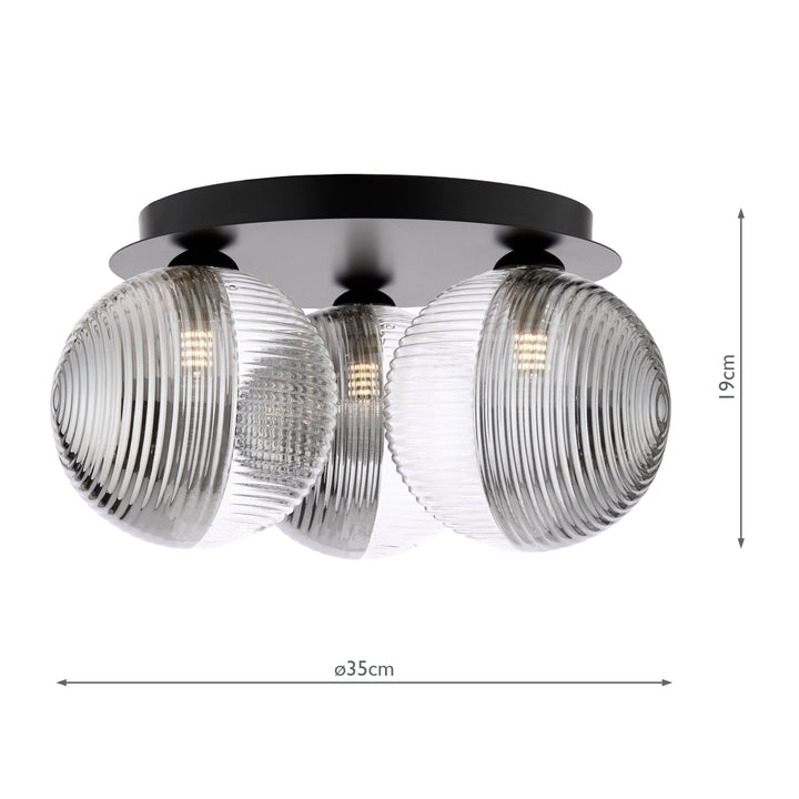 Dar FOL5322-19 Foley 3 Light Flush Matt Black With Smoked/Clear Ribbed Glass