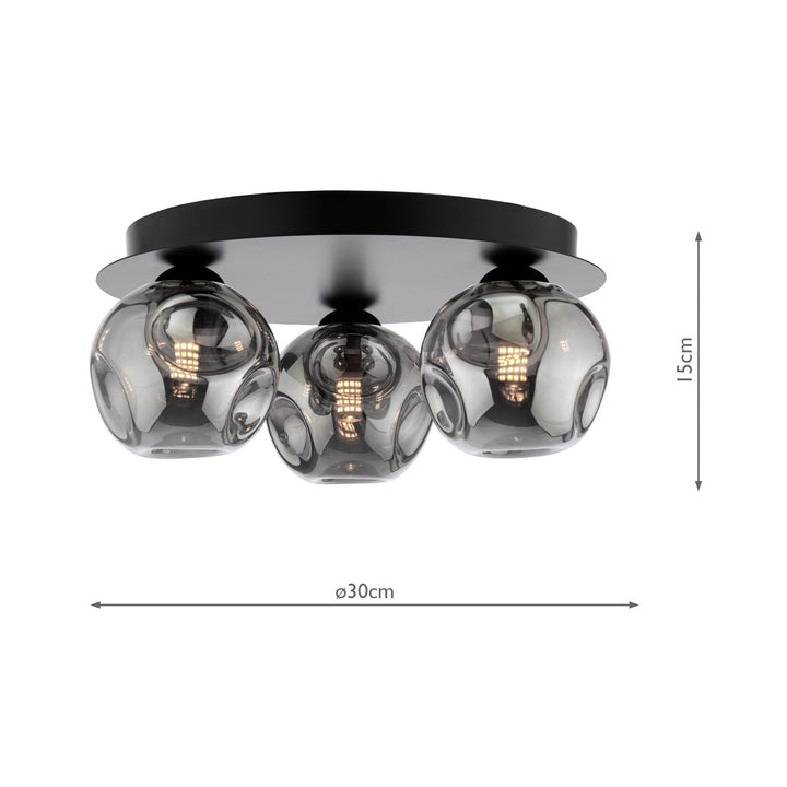 Dar FOL5322-28 Foley 3 Light Flush Matt Black With Closed Organic Smoked Glass