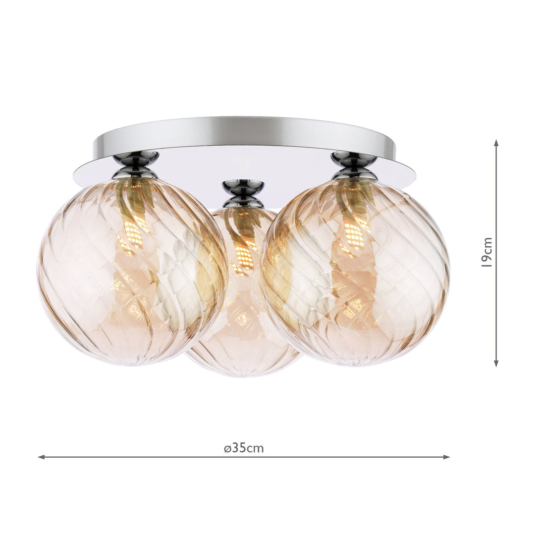 Dar FOL5350-26 Foley 3 Light Flush Polished Chrome With Twisted Amber Glass