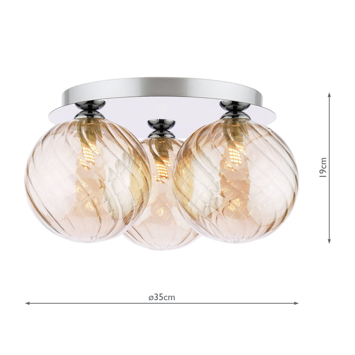 Dar FOL5350-26 Foley 3 Light Flush Polished Chrome With Twisted Amber Glass
