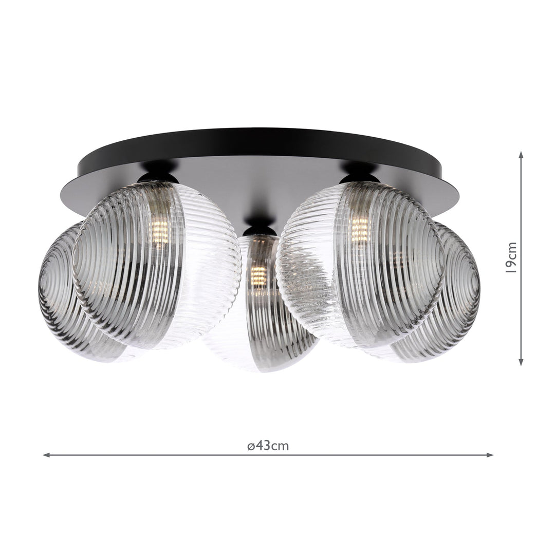 Dar FOL5422-19 Foley 5 Light Flush Matt Black With Smoked/Clear Ribbed Glass