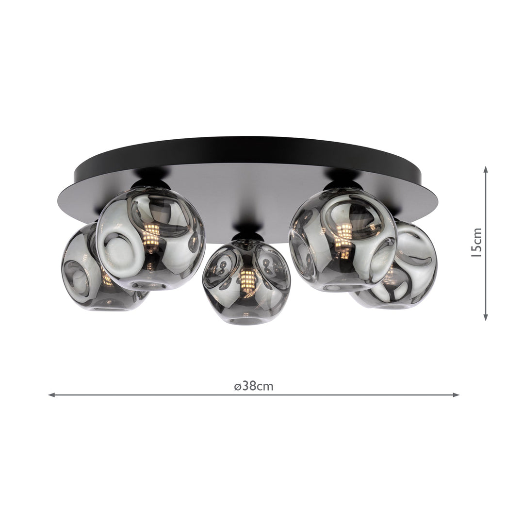 Dar FOL5422-28 Foley 5 Light Flush Matt Black With Closed Organic Smoked Glass