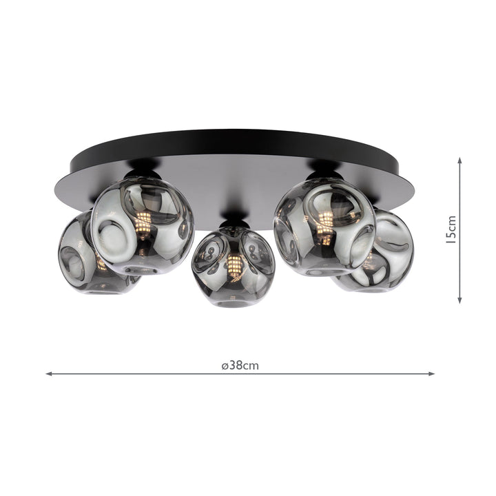 Dar FOL5422-28 Foley 5 Light Flush Matt Black With Closed Organic Smoked Glass