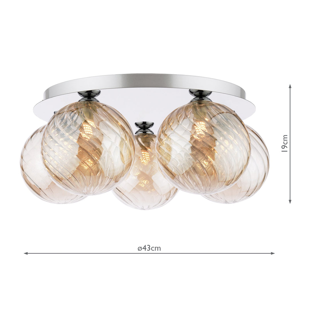 Dar FOL5450-26 Foley 5 Light Flush Polished Chrome With Twisted Amber Glass
