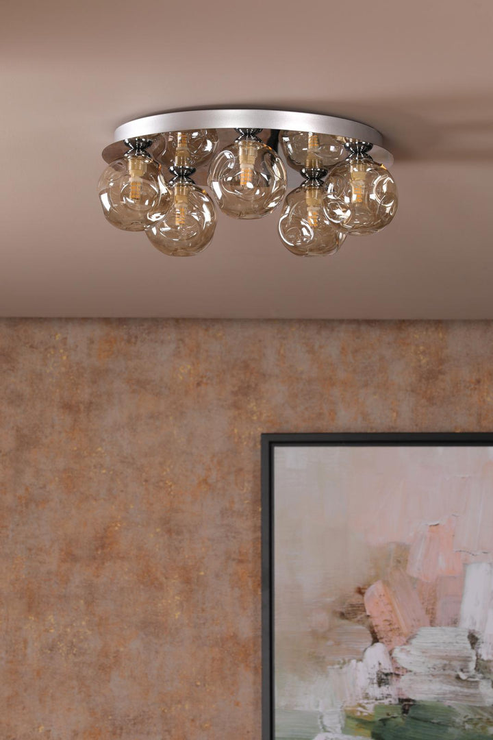 Dar FOL5450-27 Foley 5 Light Flush Polished Chrome With Closed Organic Amber  Glass