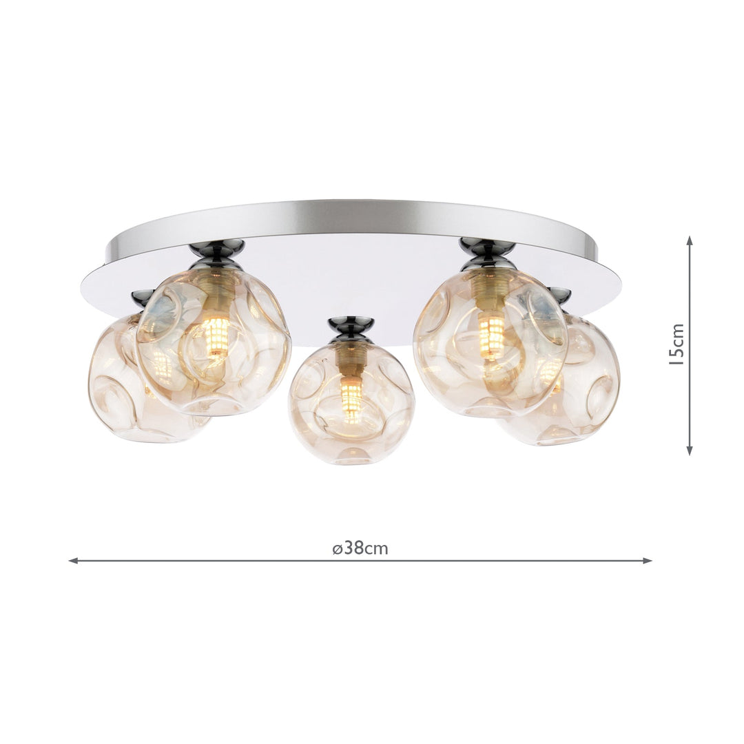 Dar FOL5450-27 Foley 5 Light Flush Polished Chrome With Closed Organic Amber  Glass