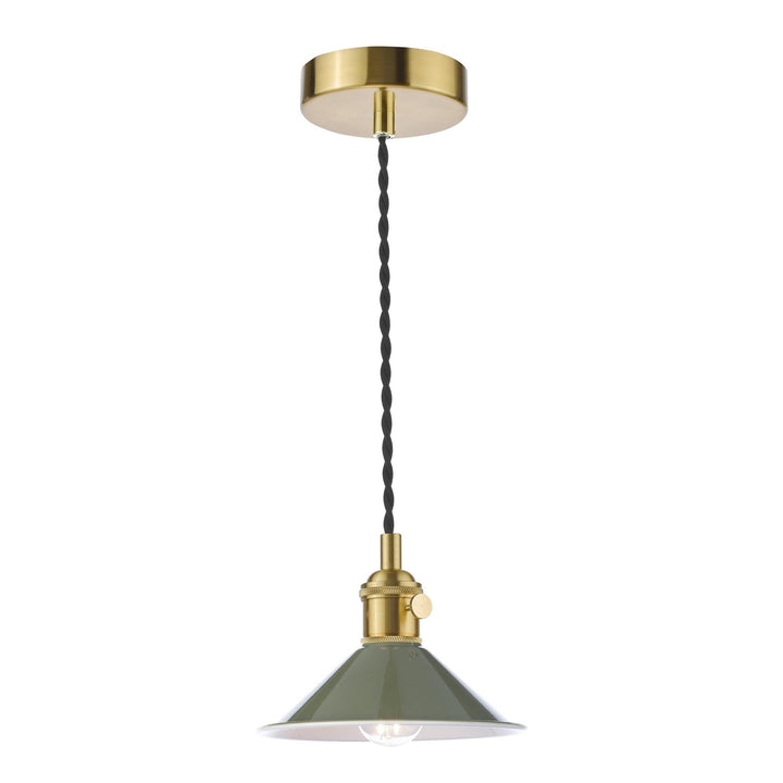 Dar HAD0140-07 Hadano Pendant Natural Brass and Gloss Green Metal Shade 18cm