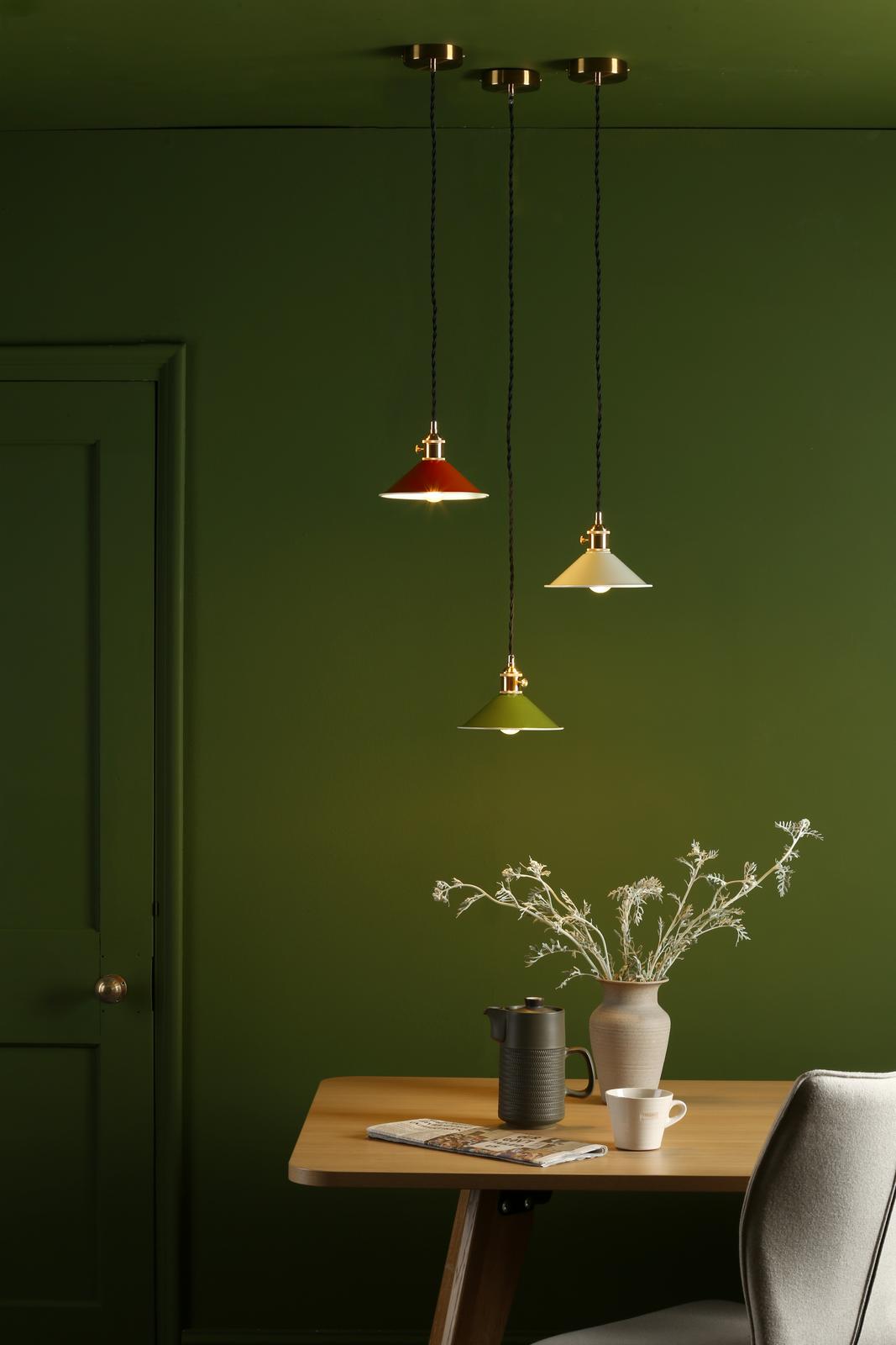 Dar HAD0140-07 Hadano Pendant Natural Brass and Gloss Green Metal Shade 18cm