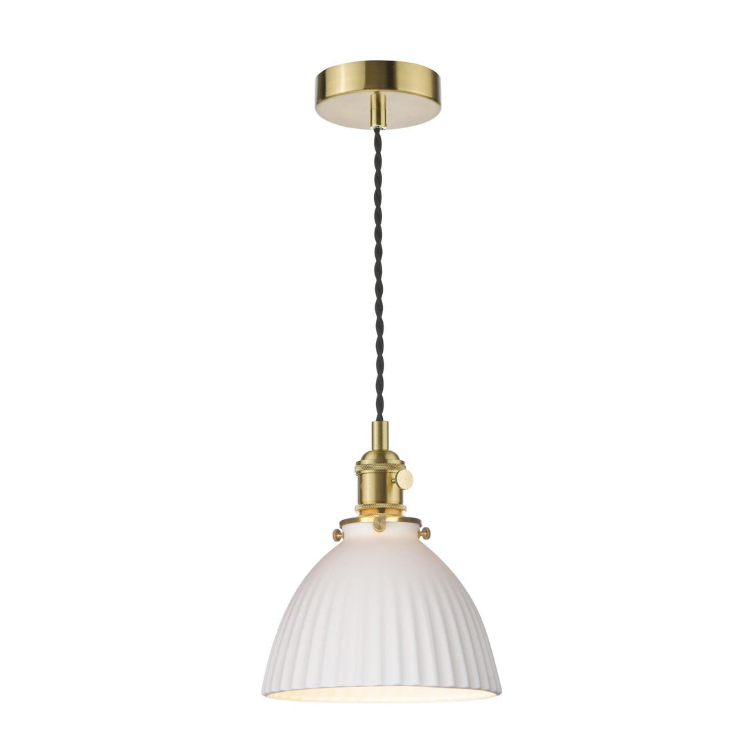 Dar HAD0140-09 Hadano Pendant Natural Brass and White Domed Ceramic Shade