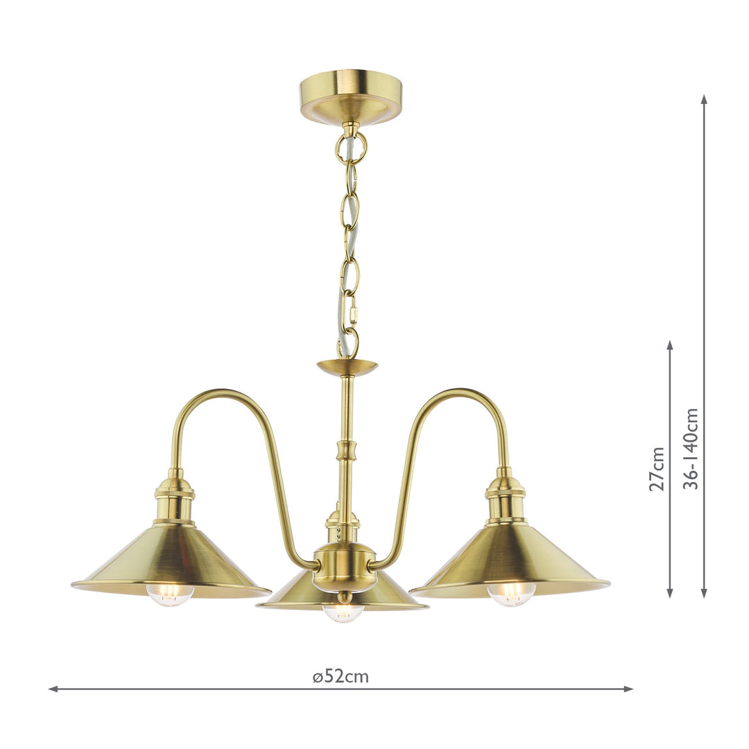 Dar HAD0340-01 Hadano 3 Light Pendant Natural Brass and Aged Brass Metal Shade 18cm