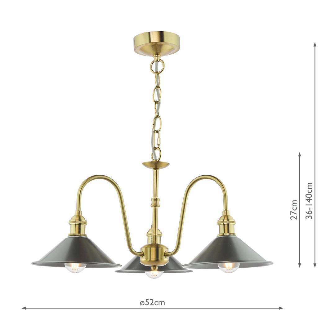 Dar HAD0340-02 Hadano 3 Light Pendant Natural Brass and Pewter Metal Shade 18cm