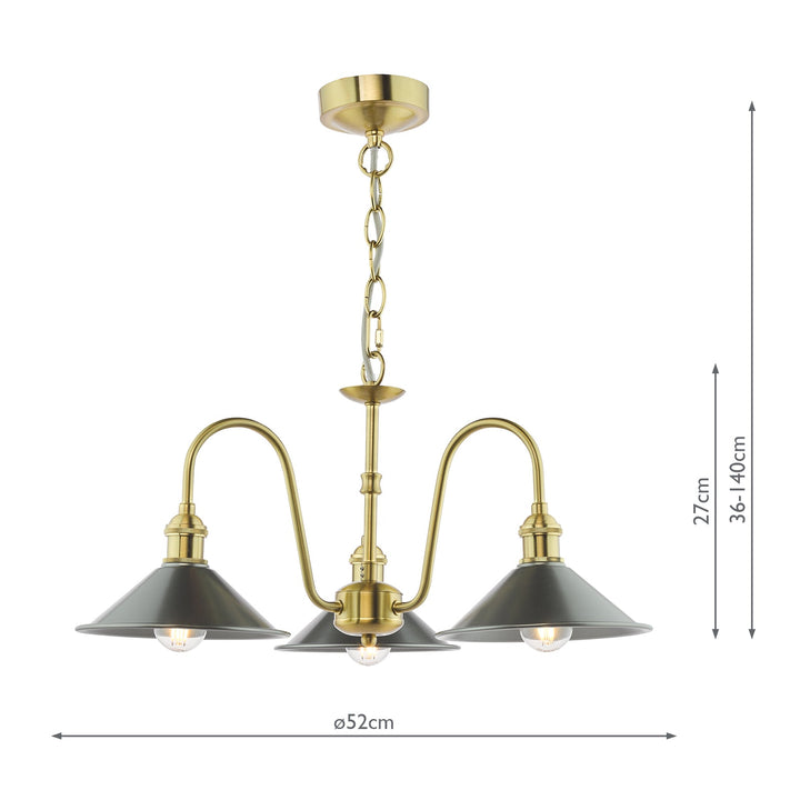 Dar HAD0340-02 Hadano 3 Light Pendant Natural Brass and Pewter Metal Shade 18cm