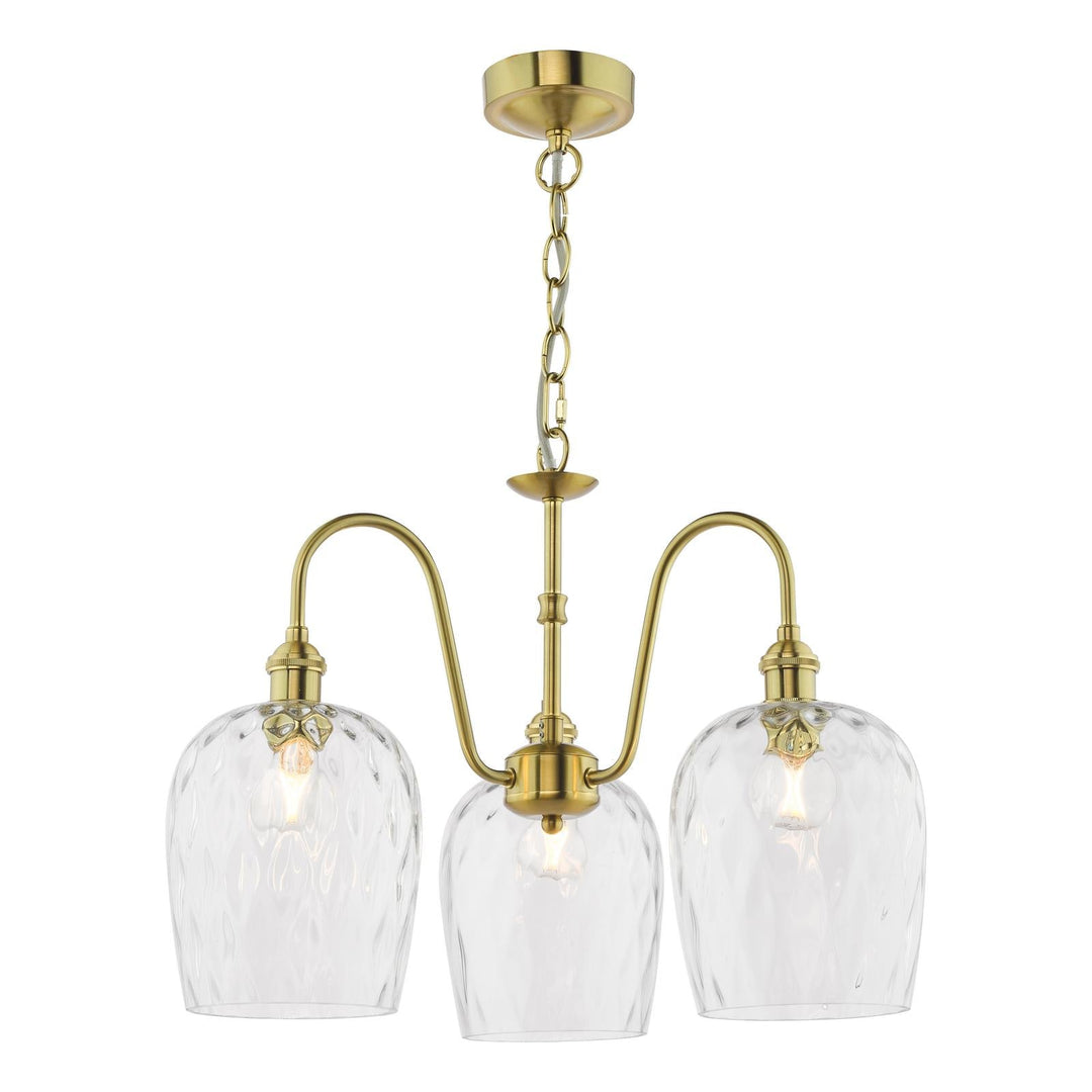 Dar HAD0340-03 Hadano 3 Light Pendant Natural Brass and Clear Dimpled Glass Shade