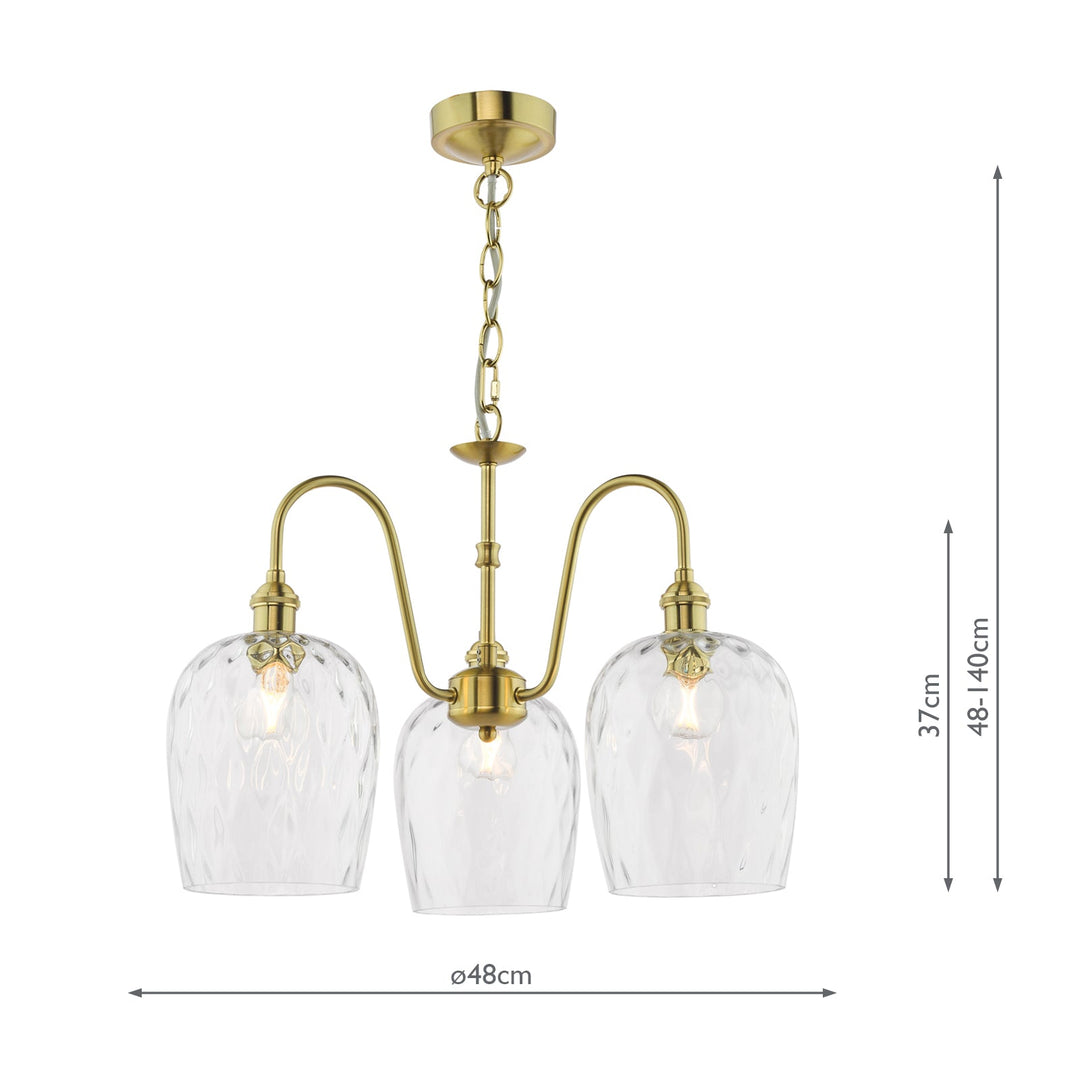 Dar HAD0340-03 Hadano 3 Light Pendant Natural Brass and Clear Dimpled Glass Shade