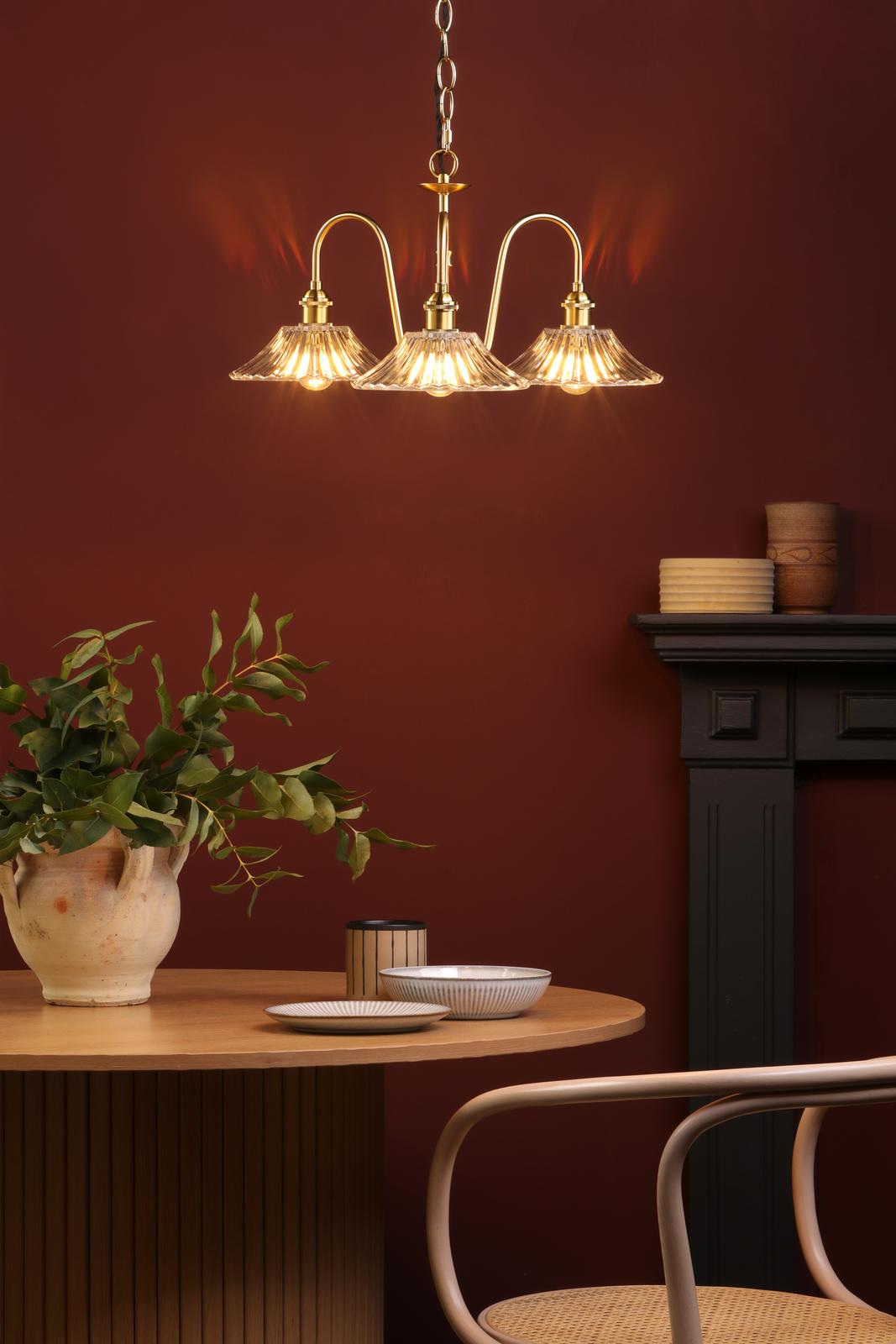 Dar HAD0340-04 Hadano 3 Light Pendant Natural Brass and Clear Flared Glass Shade