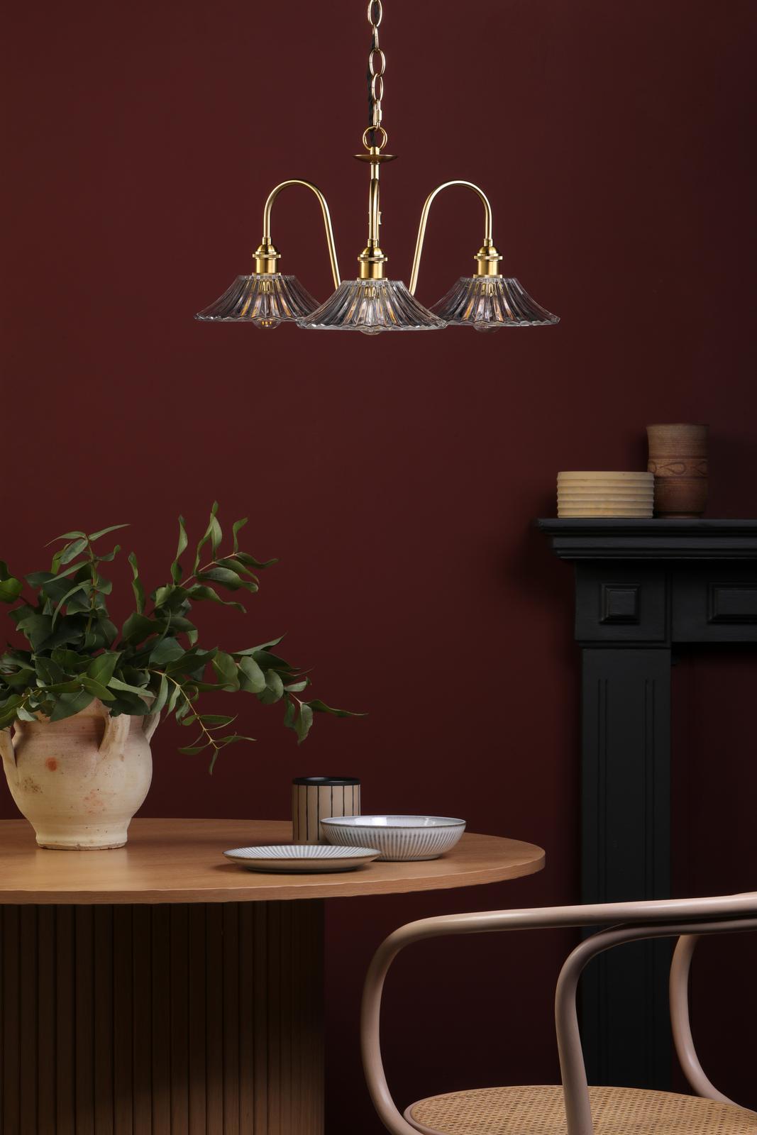 Dar HAD0340-04 Hadano 3 Light Pendant Natural Brass and Clear Flared Glass Shade
