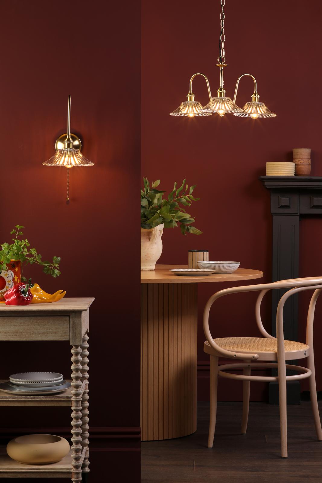 Dar HAD0340-04 Hadano 3 Light Pendant Natural Brass and Clear Flared Glass Shade