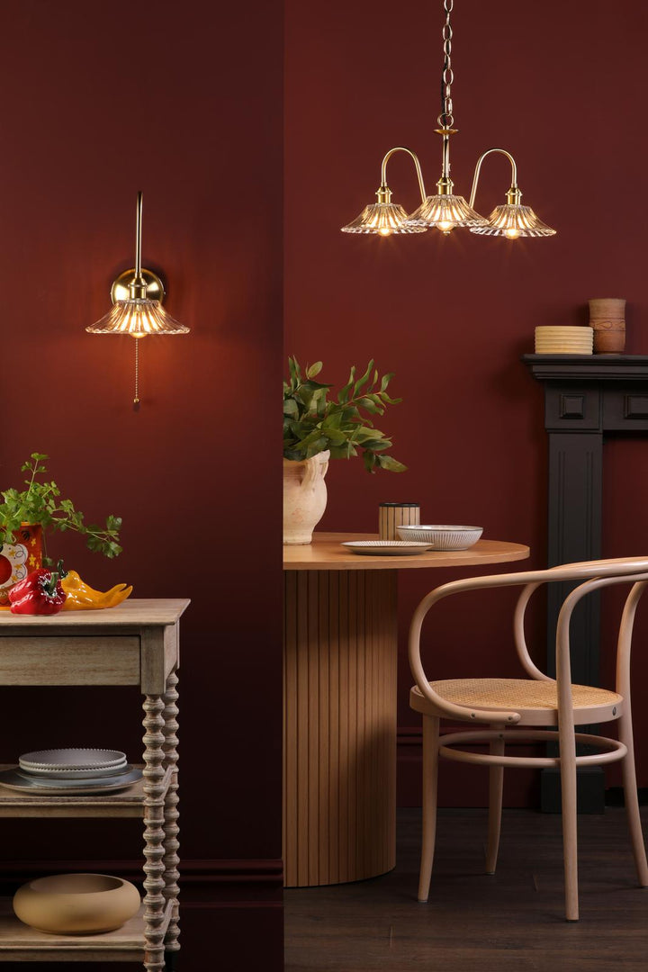 Dar HAD0340-04 Hadano 3 Light Pendant Natural Brass and Clear Flared Glass Shade