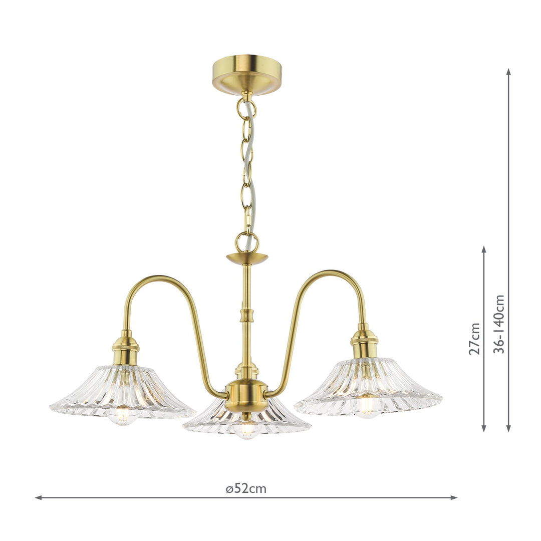 Dar HAD0340-04 Hadano 3 Light Pendant Natural Brass and Clear Flared Glass Shade