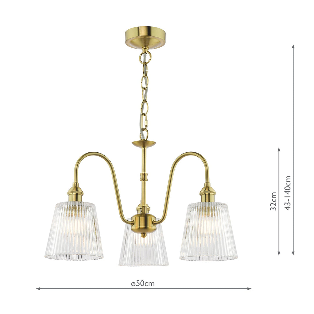 Dar HAD0340-05 Hadano 3 Light Pendant Natural Brass and Clear Ribbed Glass Shade