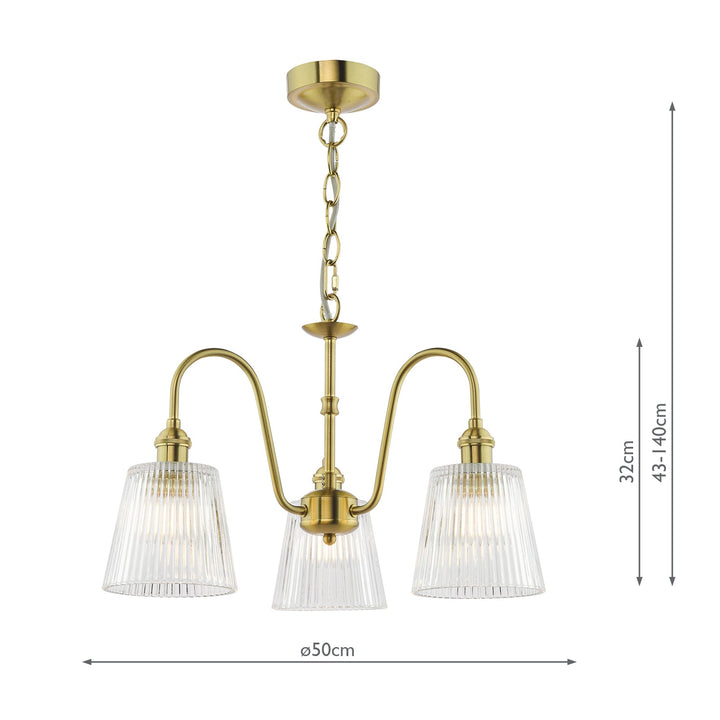 Dar HAD0340-05 Hadano 3 Light Pendant Natural Brass and Clear Ribbed Glass Shade