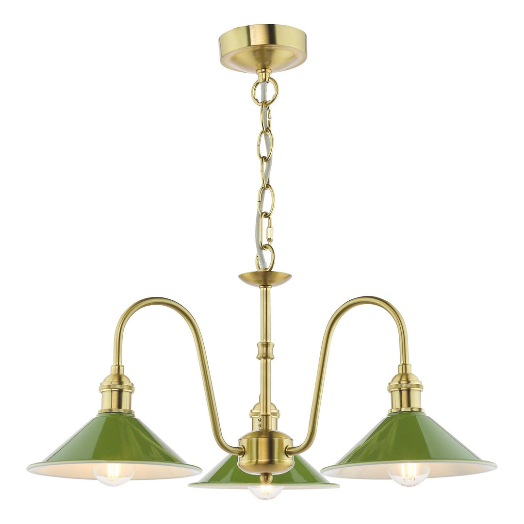 Dar HAD0340-07 Hadano 3 Light Pendant Natural Brass and Gloss Green Metal Shade 18cm