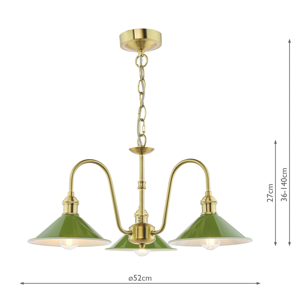 Dar HAD0340-07 Hadano 3 Light Pendant Natural Brass and Gloss Green Metal Shade 18cm